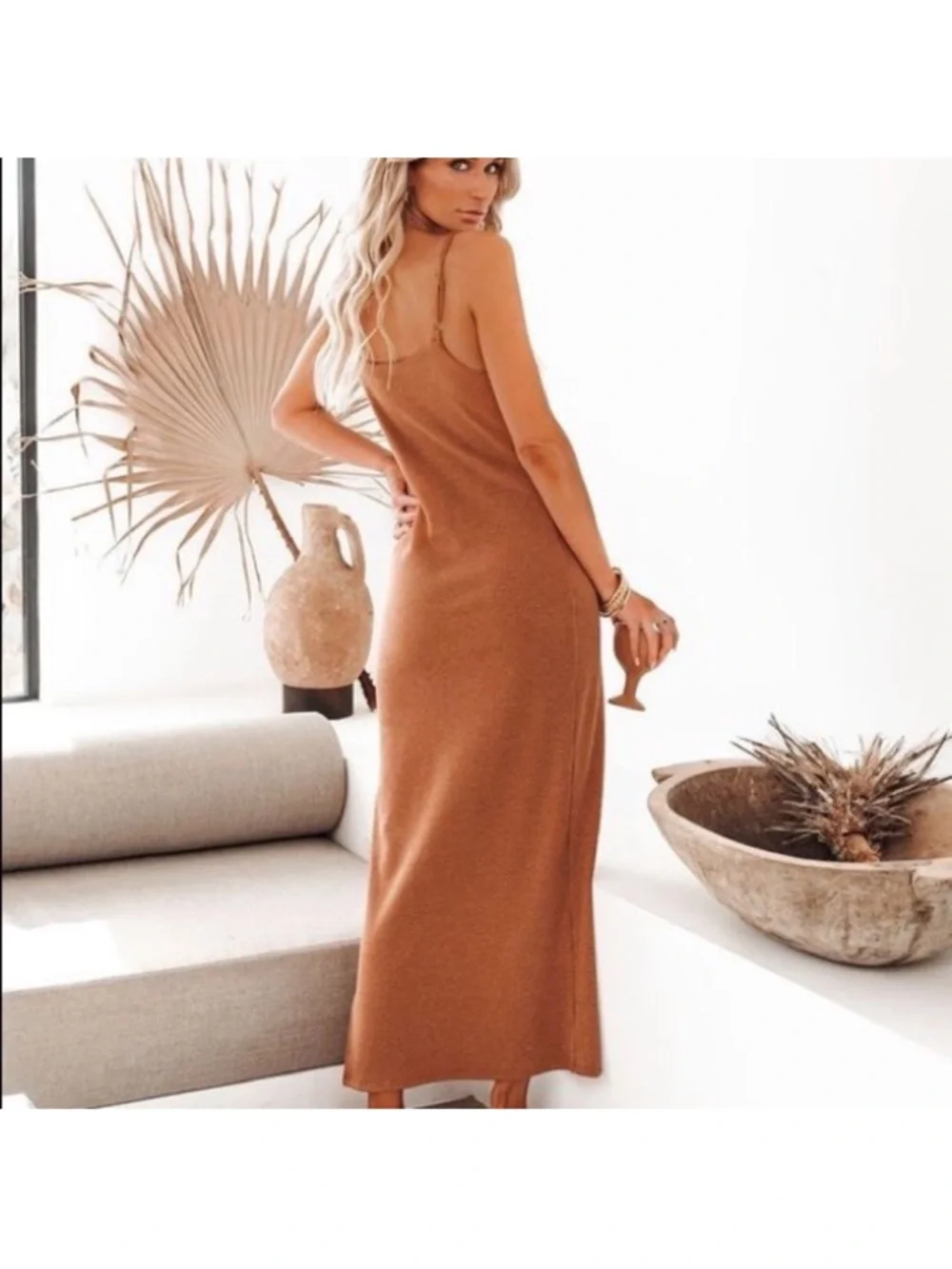 Vici & Hayley Luna Ribbed dress Carmel brown tan midi S Small spaghetti straps - Picture 2 of 11
